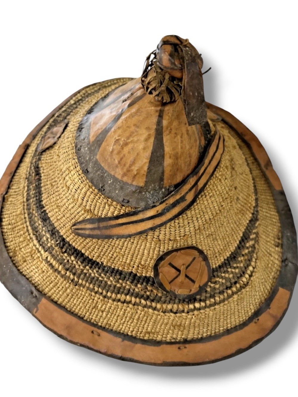 Vintage African Fulani Tribal Straw Hat Woven Wall Art Leather Trimmed on TopVin